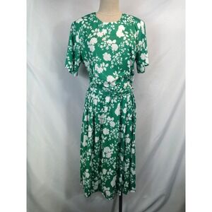 Vintage Anthony Richards Dress 16 Green White Floral Belted Midi Modest 80s 90s